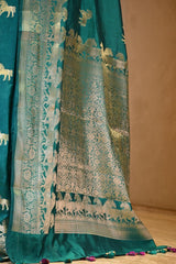 Rama Green Chiniya Silk Saree with Gold Zari Horses