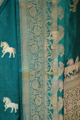 Rama Green Chiniya Silk Saree with Gold Zari Horses