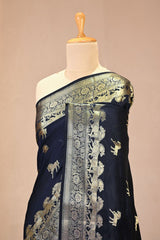 Navy Blue Chiniya Silk Saree with Gold Zari Ashwa