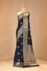Navy Blue Chiniya Silk Saree with Gold Zari Ashwa