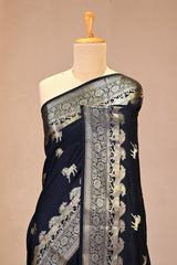 Navy Blue Chiniya Silk Saree with Gold Zari Ashwa