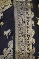 Navy Blue Chiniya Silk Saree with Gold Zari Ashwa