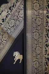 Navy Blue Chiniya Silk Saree with Gold Zari Ashwa