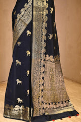 Navy Blue Chiniya Silk Saree with Gold Zari Ashwa