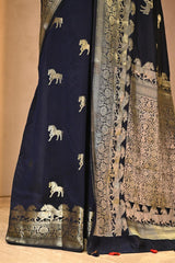 Navy Blue Chiniya Silk Saree with Gold Zari Ashwa