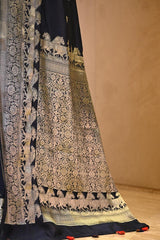Navy Blue Chiniya Silk Saree with Gold Zari Ashwa