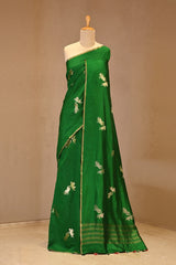Bottle Green Chiniya Silk Saree with Gold Zari Crane Motif