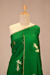 Bottle Green Chiniya Silk Saree with Gold Zari Crane Motif