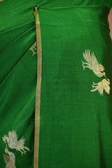Bottle Green Chiniya Silk Saree with Gold Zari Crane Motif