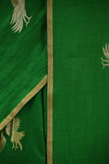 Bottle Green Chiniya Silk Saree with Gold Zari Crane Motif