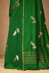Bottle Green Chiniya Silk Saree with Gold Zari Crane Motif