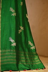 Bottle Green Chiniya Silk Saree with Gold Zari Crane Motif
