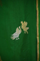 Bottle Green Chiniya Silk Saree with Gold Zari Crane Motif