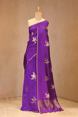 Purple Chiniya Silk Saree with Gold Zari Crane Motif