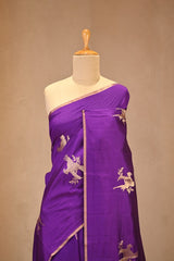 Purple Chiniya Silk Saree with Gold Zari Crane Motif