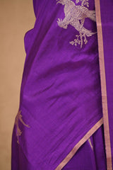 Purple Chiniya Silk Saree with Gold Zari Crane Motif