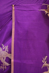 Purple Chiniya Silk Saree with Gold Zari Crane Motif