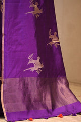 Purple Chiniya Silk Saree with Gold Zari Crane Motif