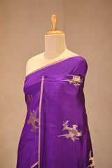 Purple Chiniya Silk Saree with Gold Zari Crane Motif