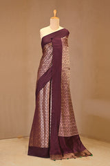 Wine Chiniya Silk Saree with Gold Zari Geometric Grid
