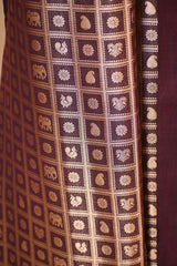 Wine Chiniya Silk Saree with Gold Zari Geometric Grid