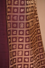 Wine Chiniya Silk Saree with Gold Zari Geometric Grid
