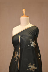 Black Chiniya Silk Saree with Gold Zari Crane Motifs