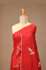 Red Chiniya Silk Saree with Gold Zari Crane Motifs