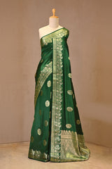 Bottle Green Chiniya Silk Saree with Meenakari Buti