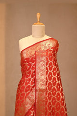 Red Chiniya Silk Saree with Zari Geometric Jaal