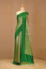 Green Chiniya Silk Saree with Zari Geometric Grid