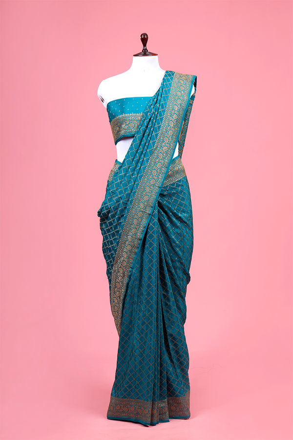 Blue Geometrical Woven Crepe Khaddi Silk Saree By Chinaya Banaras
