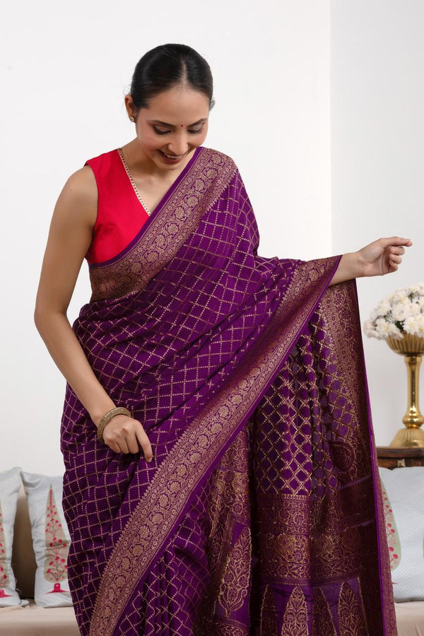 Purple Handloom Crepe Saree with Floral Konia Motif