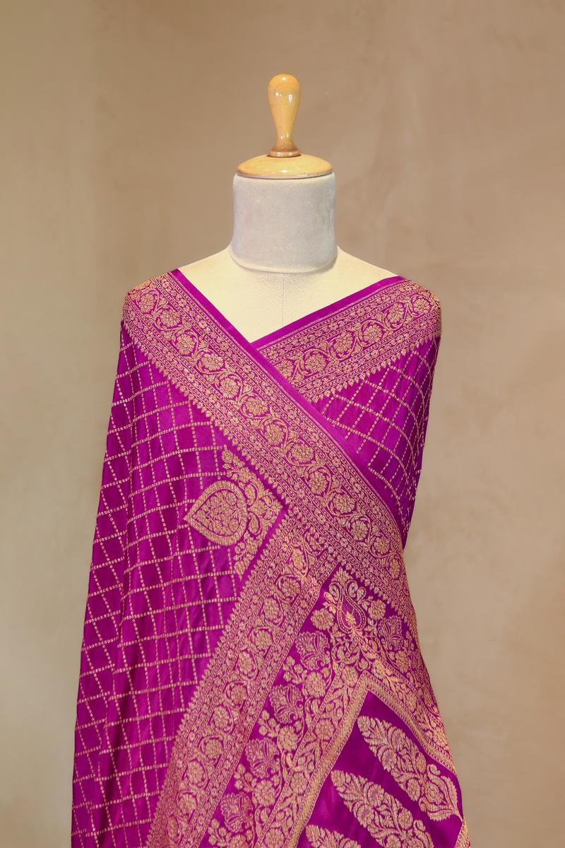 Violet Handloom Crepe Saree with Floral Konia Motif