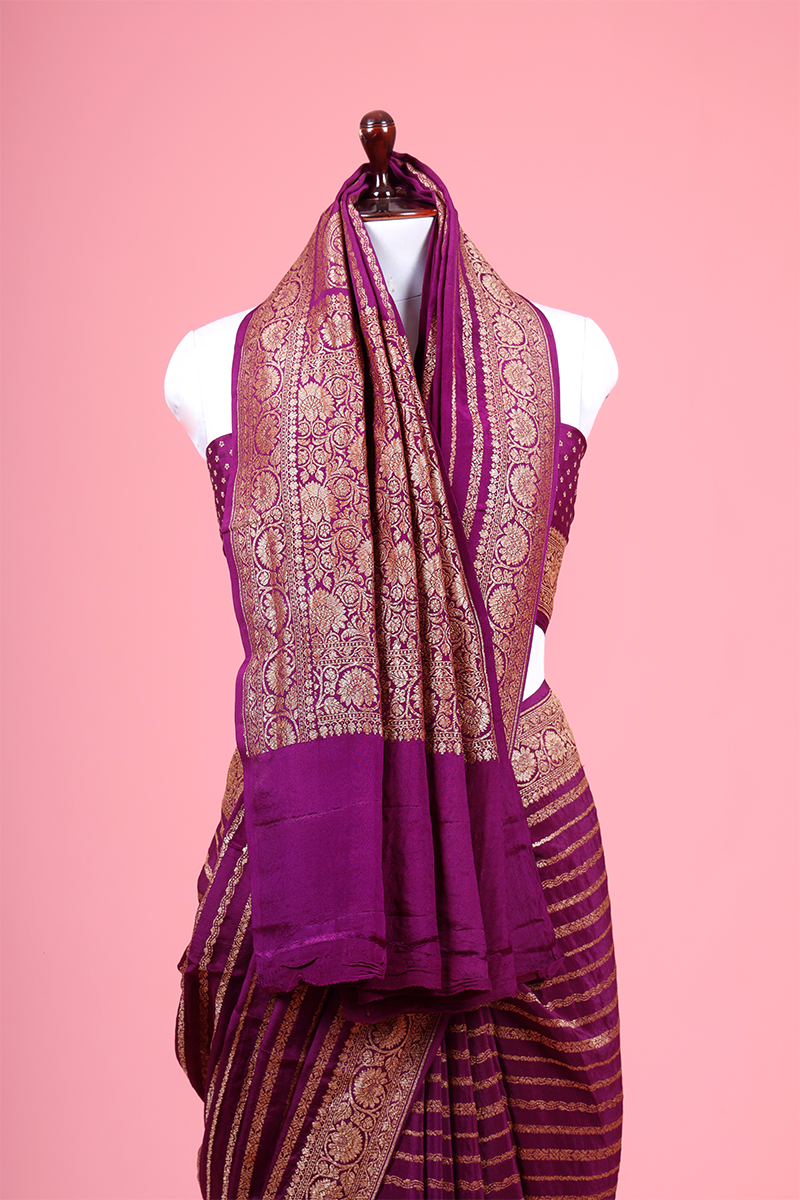 Purple Striped Woven Crepe Khaddi Silk Saree