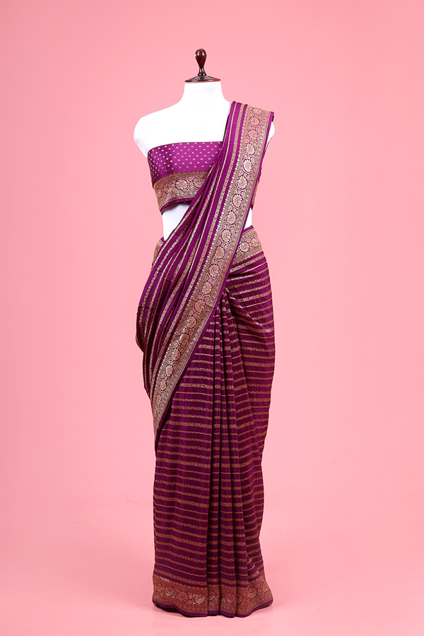 Purple Striped Woven Crepe Khaddi Silk Saree By Chinaya Banaras