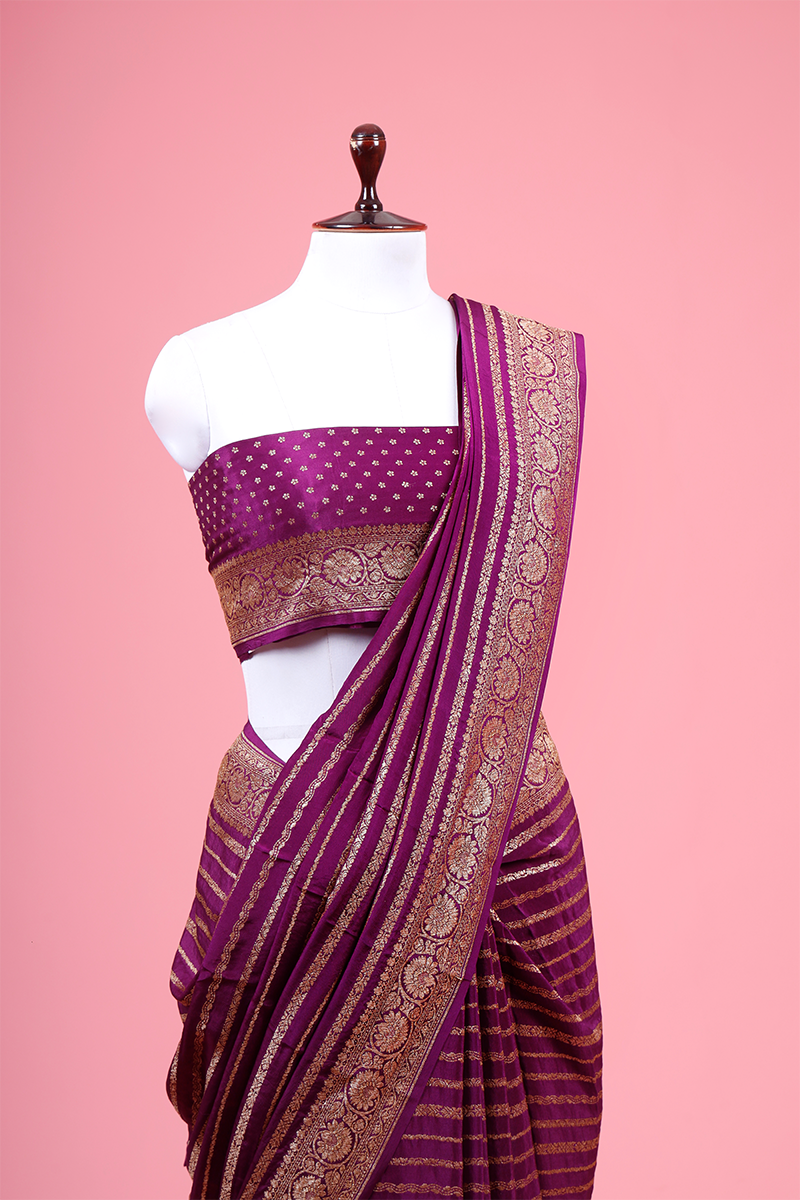 Purple Striped Woven Crepe Khaddi Silk Saree