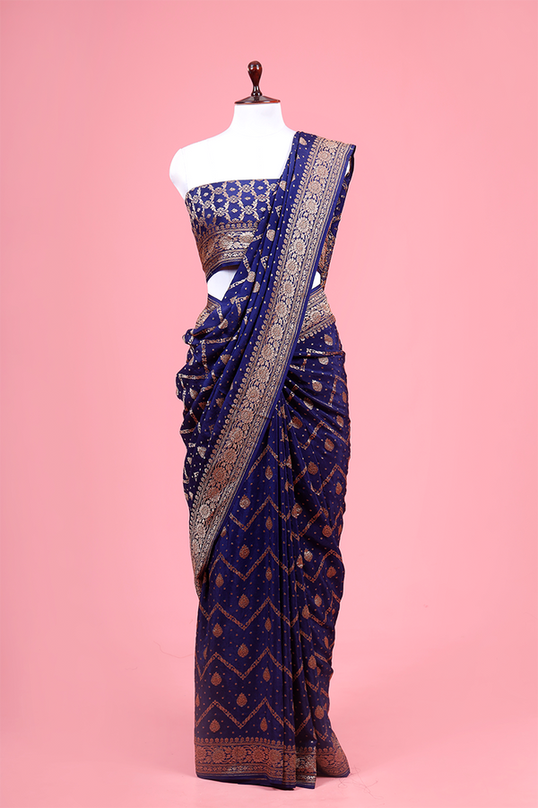 Blue Geometrical Woven Crepe Khaddi Silk Saree By Chinaya Banaras