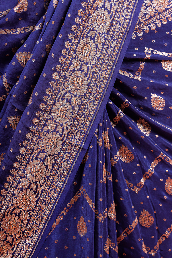 Navy Blue Geometrical Woven Crepe Banarasi Saree