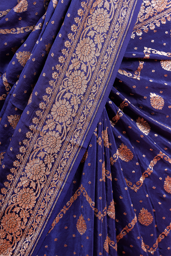 Navy Blue Geometrical Woven Crepe Khaddi Silk Saree
