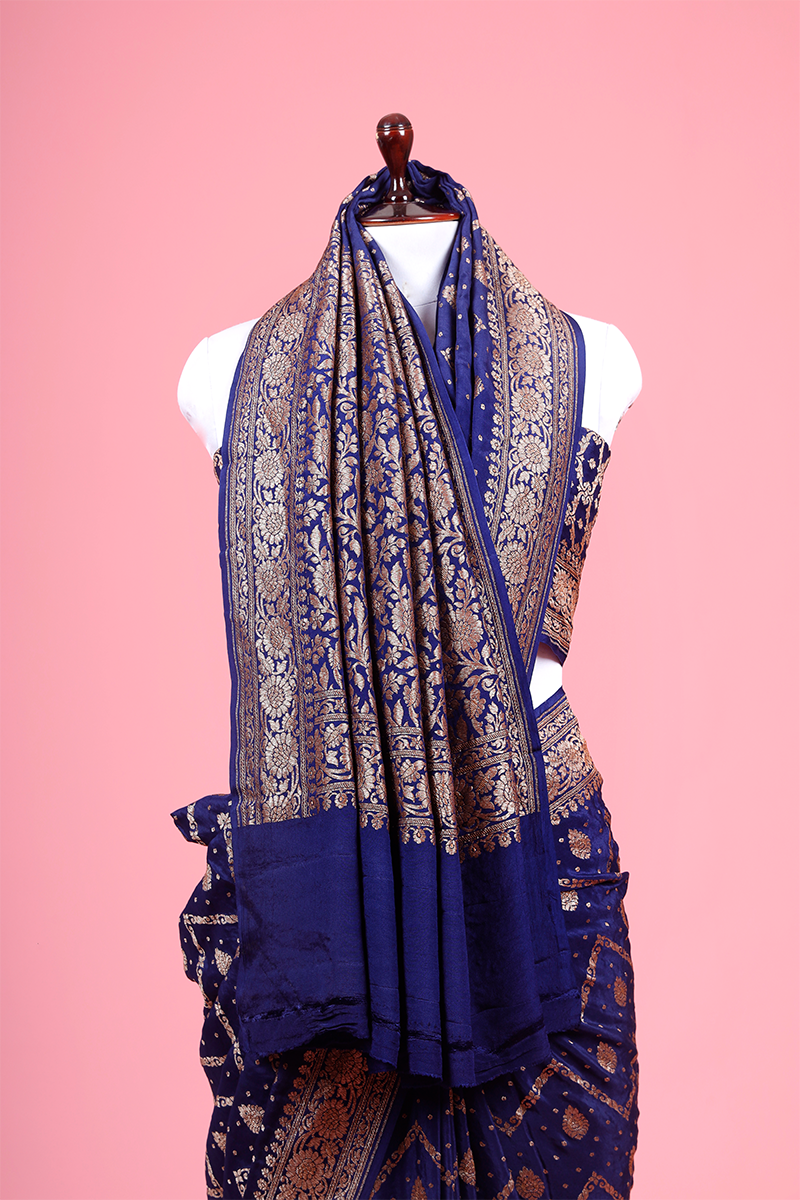 Banarasi Saree With Shawl Navy Blue Geometrical Woven Crepe
