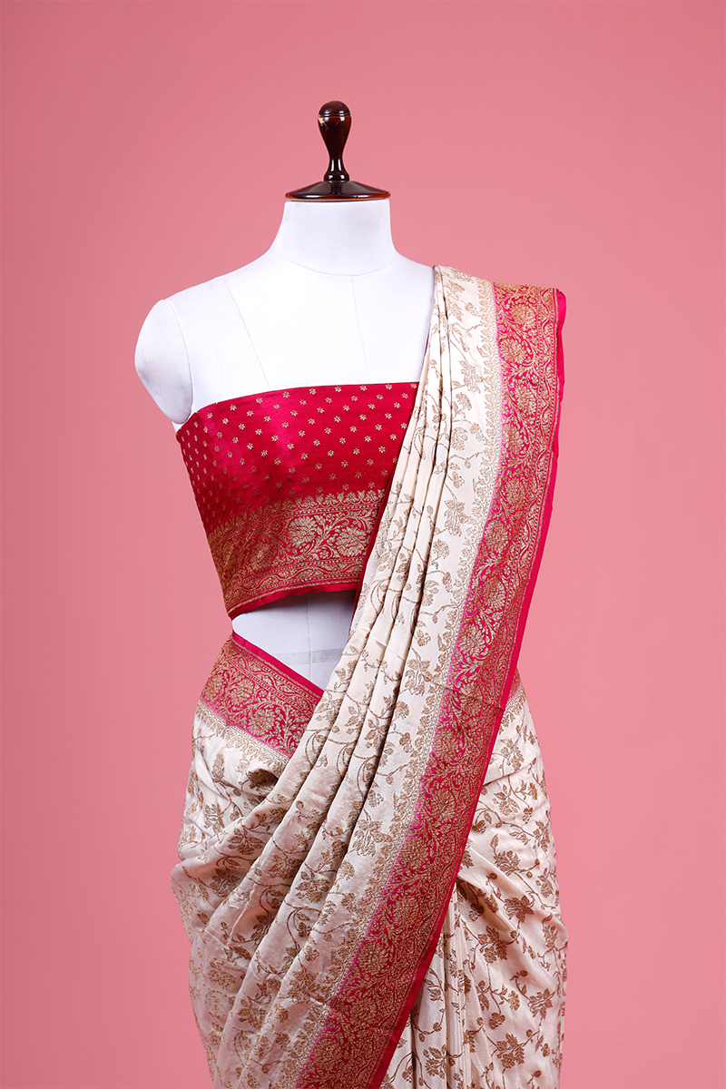 Pink & White Ethnic Woven Crepe Saree