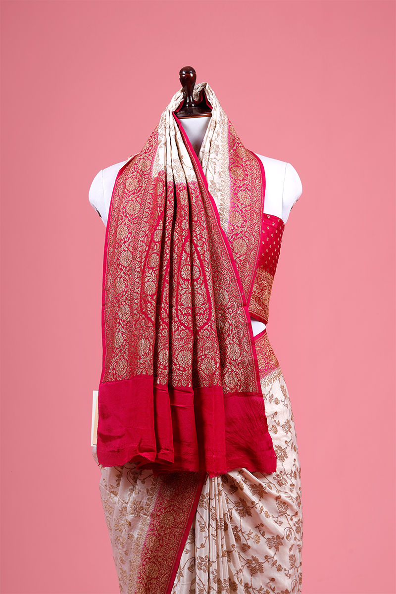 Pink & White Ethnic Woven Crepe Saree