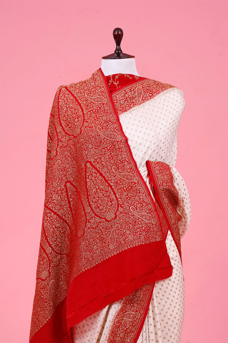 Red & White Pure Crepe Saree