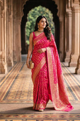 Pink Crepe Banarasi Khaddi Silk Saree with Pichwai Floral Work
