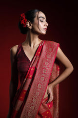 Red Khaddi Crepe Saree with Bandhani Antique Zari Work