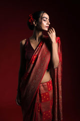 Red Khaddi Crepe Saree with Bandhani Antique Zari Work