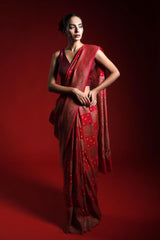 Red Khaddi Crepe Saree with Bandhani Antique Zari Work