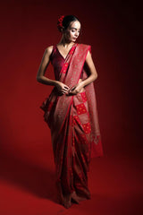 Red Khaddi Crepe Saree with Bandhani Antique Zari Work