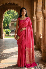 Pink Handloom Crepe Khaddi Silk Saree with Antique Zari Stripes